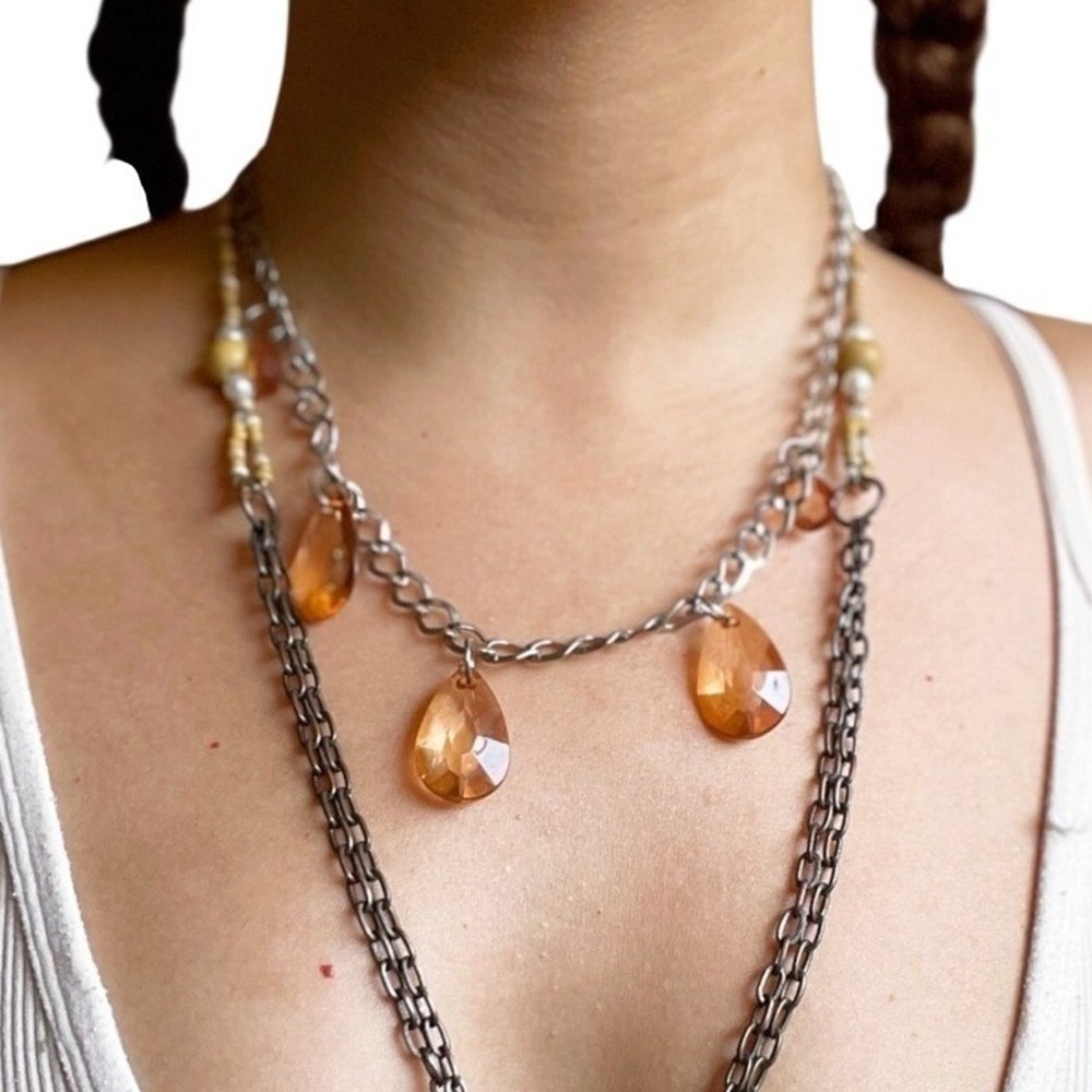 Vintage Y2K Renaissance Revival Whimsigoth Amber Teardrop Rhinestone Necklace